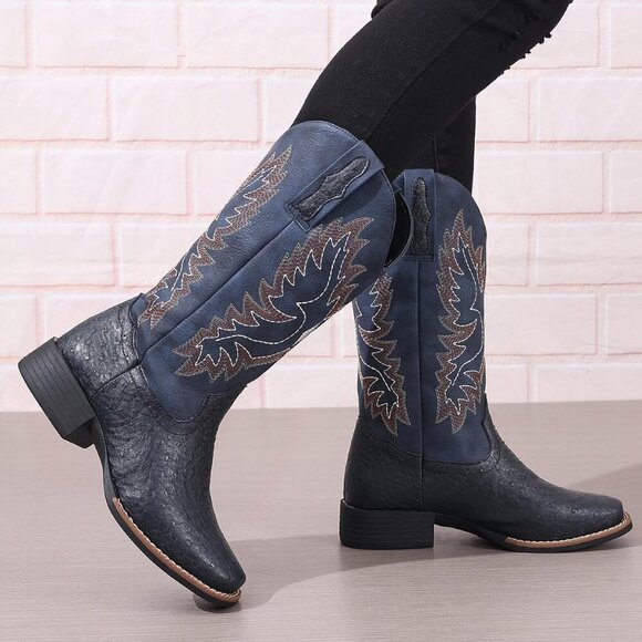 Women Blue Western Cowboy Boots for  Mid Calf Cowgirl Boot Snip Toe Chunky Heel - Picture 8 of 8